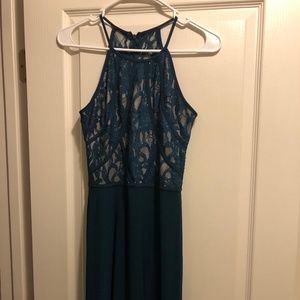 Women’s Dark Turquoise Jewel-toned Prom Dress with Leg Slit (Long Formal Dress)